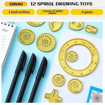 Chivao Spiral Art Gear Geometric Ruler Template, Gold Plastic Drawing Kit with Stencils and Pens for DIY Crafts