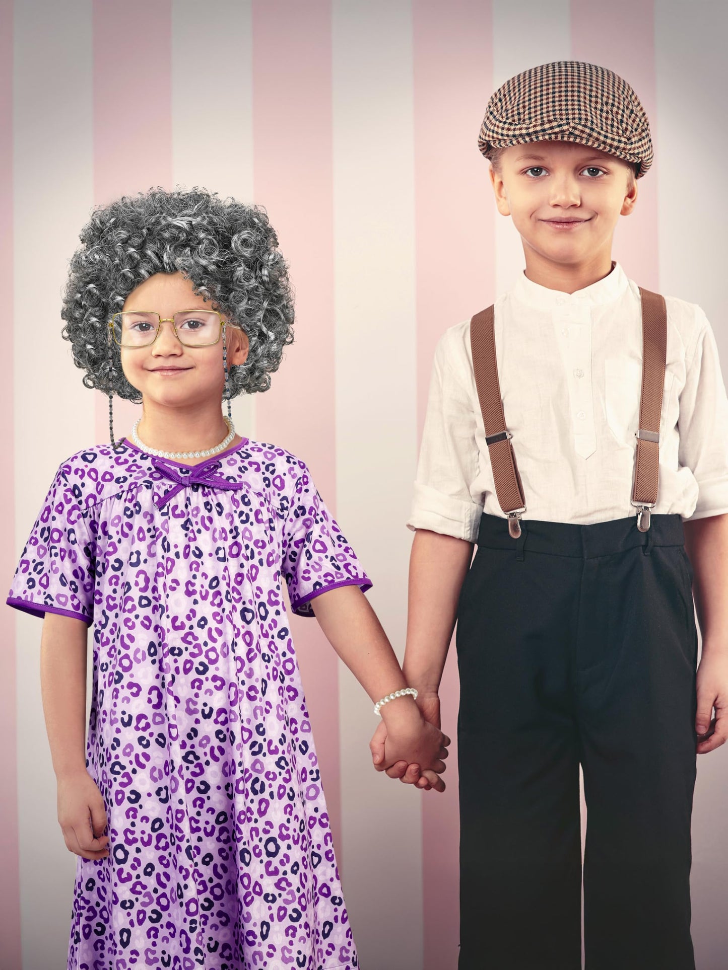 Huskein Old Lady Costume For Kids, Girls 100 Day Of School Cosplay Black White Curly Wig Cap Glasses Cane Necklace Bracelet