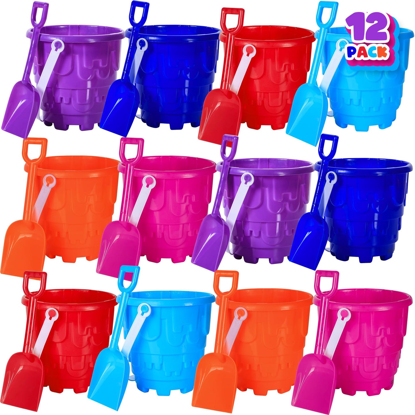 ArtCreativity 6'' Beach Sand Castle Buckets and Shovels Set, Includes 12 Shovels and 12 Pail Buckets with a Sand Castle Design I