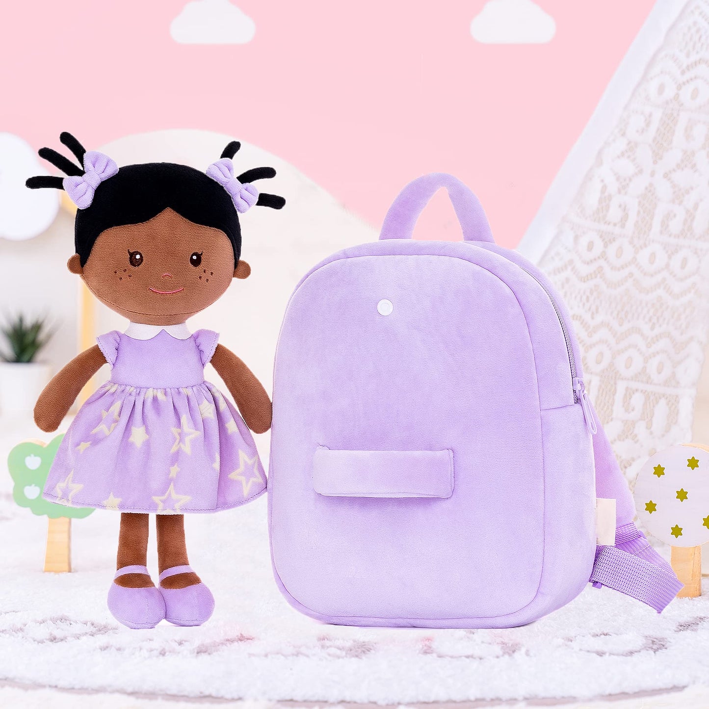Onetoo Toddler Kids Backpack With Soft Tanned Baby Dolls In Purple Star Dress 9.5''