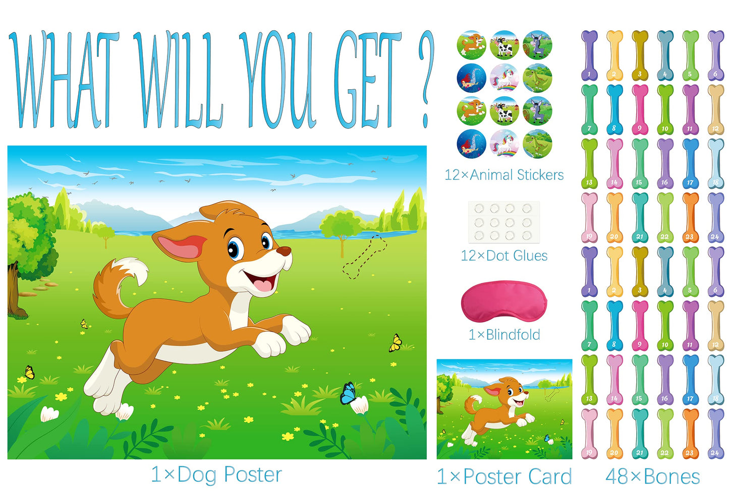 Morcheiong Pin The Tail On The Dog Birthday Party Game With 48Pcs Bones, Give The Puppy Dog A Bone Game For Kids Dog Birthday Party Supplies Decorations
