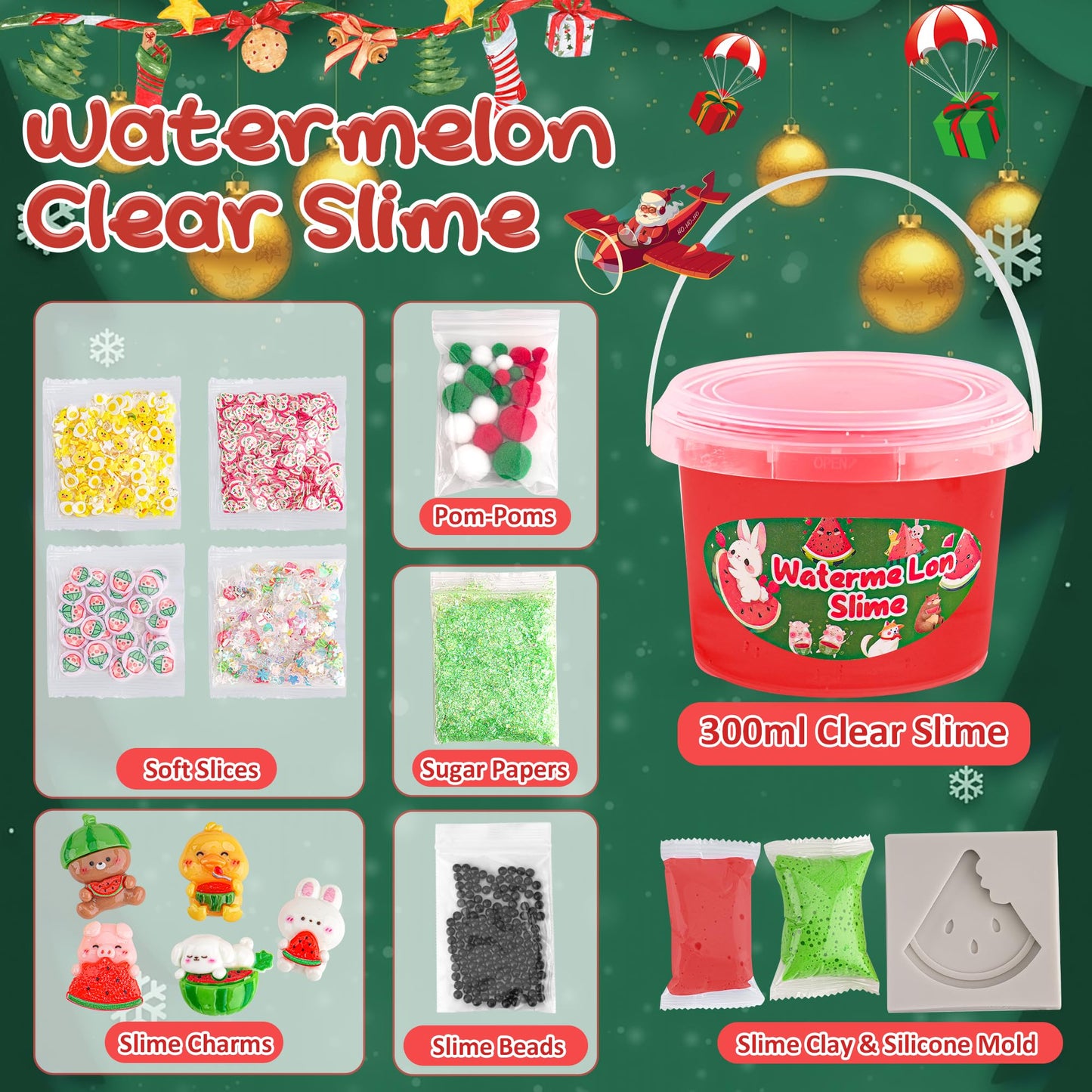 Watermelon Red Slime Kit, Clear Slime Bucket With Slime Clay, 10 Packs Of Add-Ins, Slime Party Favors For Kids, Sensory Toys Bir