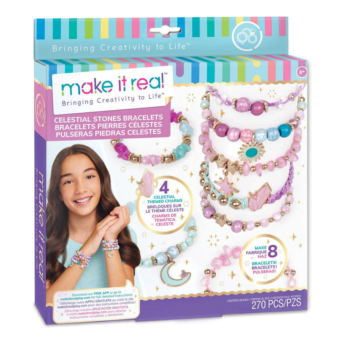 Make It Real: Celestial Stones Bracelets Kit Create 8 Fashionable Bracelets, 4 Celestial Charms, 270 Pieces, Includes Play Tra