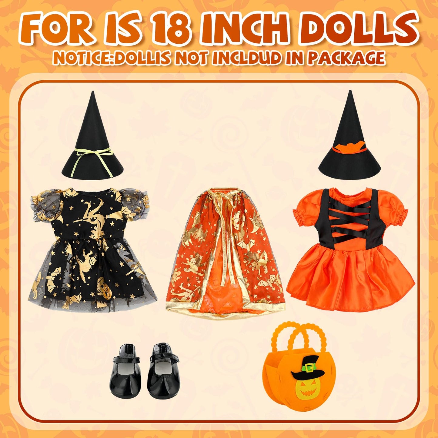 8 Pcs Halloween Doll Clothes and Accessories for 18 Inch Pumpkin Halloween Doll Outfit Dress Shoes Socks Witch Hats Bag Sets