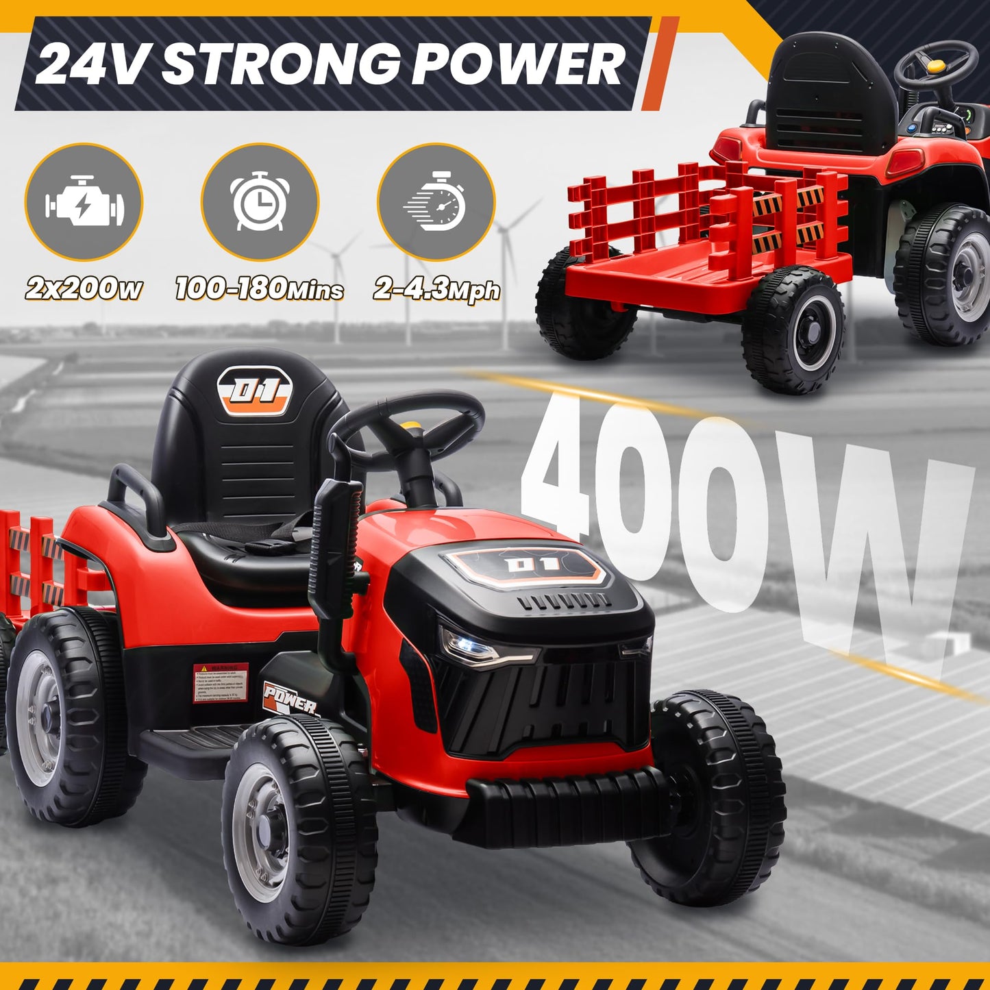 Joyracer 24V Ride On Tractor For Kids, Ride On Toys W/400W Motors, Tiltable & Detachable Trailer, Adjustable Seat, Bluetooth, Mu