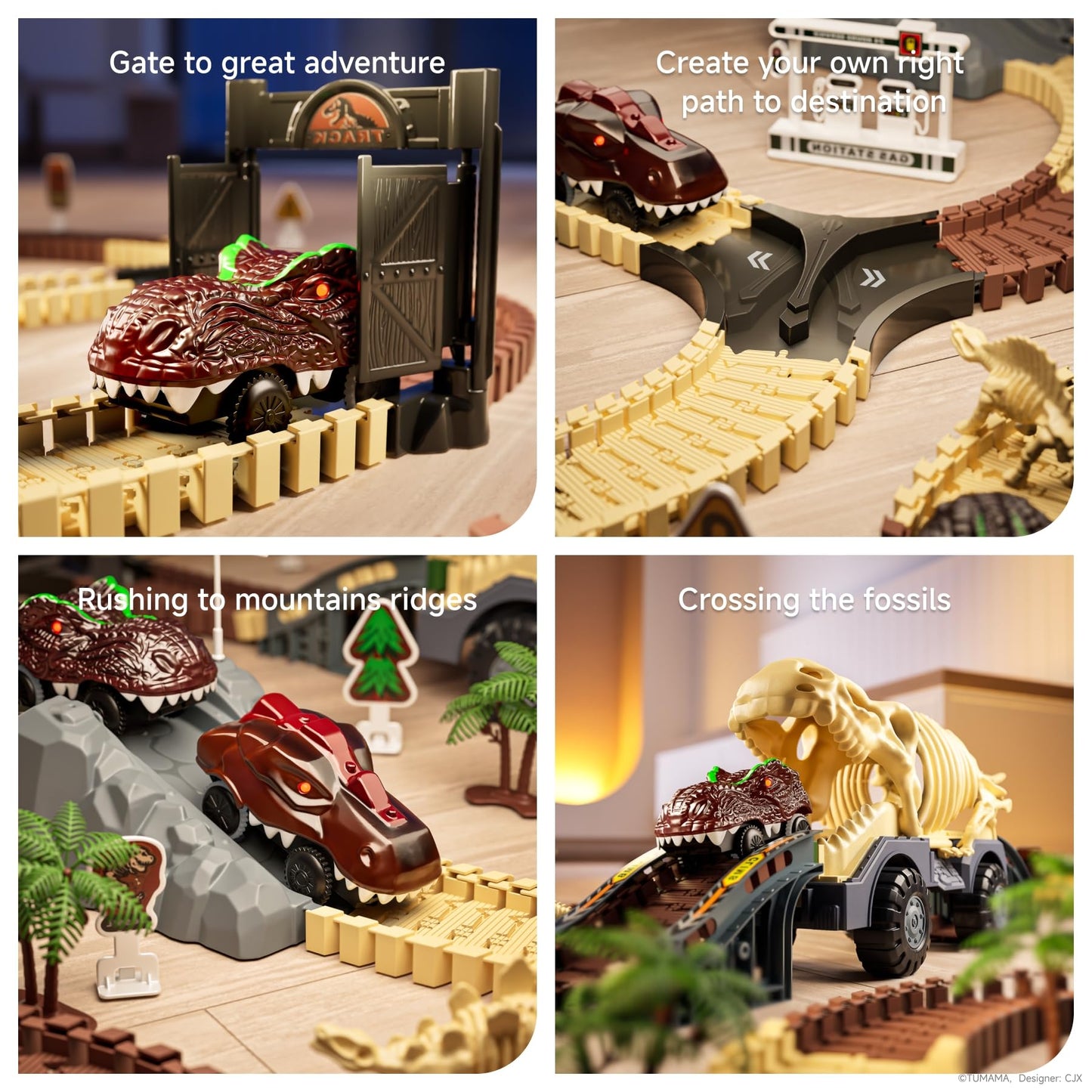 TUMAMA Dinosaur Toys Race Track, Dinosaur Fossil Theme Flexible Race Track Toy Set for Kids 3-5 5-7, Create Road Racing World fo