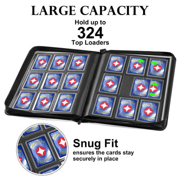 GEAoffice 9 Pockets Top Loader Binder for 324 Cards enhanced PU Leather Side Loading Trading Card Binder for Toploader Ringless Card Collection Album Holder for 3?4 Rigid Black