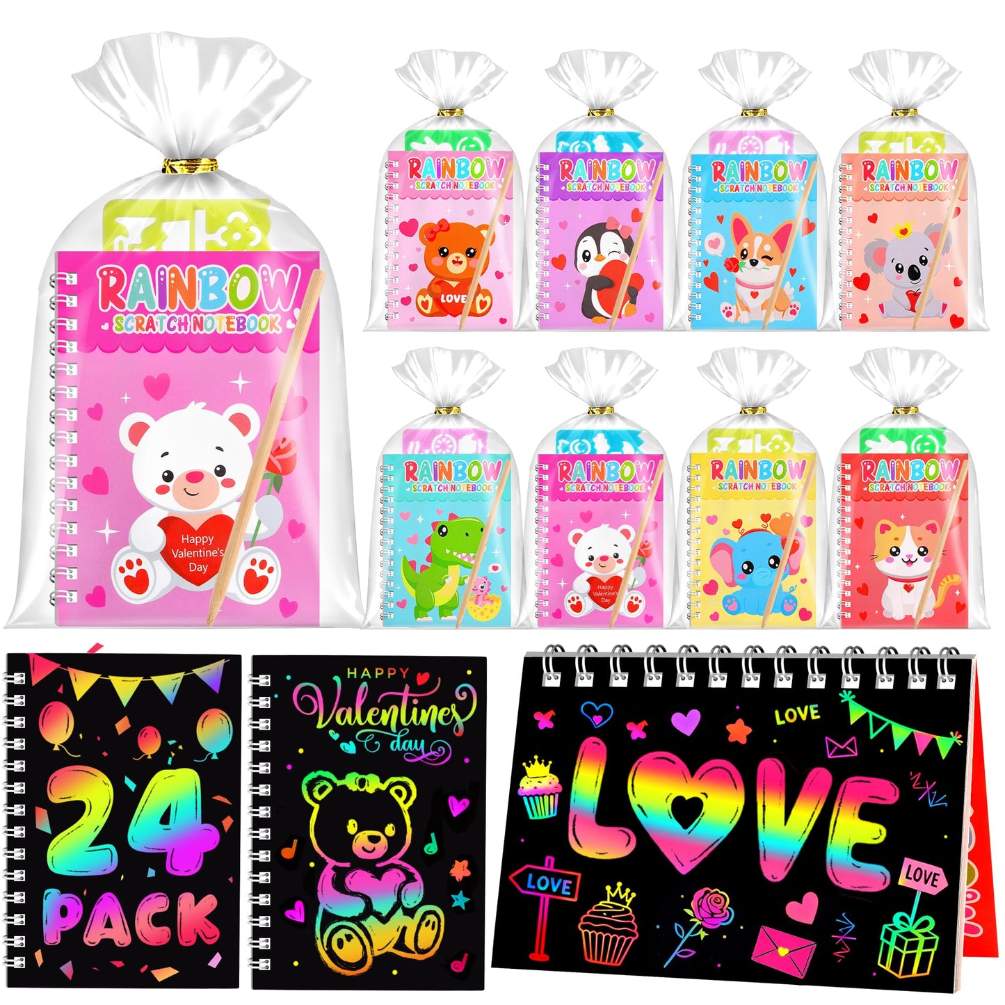 MDCGFOD 24 Pack Valentines Day Gifts for Kids - Scratch Art Crafts Notebook for Boys Girls Kids Party Favors Valentines Exchange