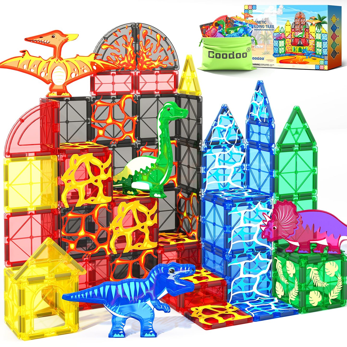 Dinosaur Toys Magnetic Tiles Lava Dinosaur World Starter Set - Kids Magnetic Building Blocks for Boys & Girls STEM Sensory Monte