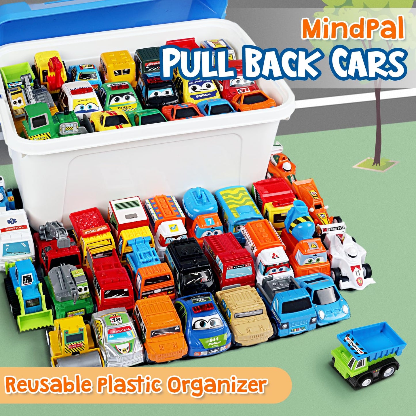 Mindpal 50 Pcs Toy Cars With Large Plastic Organizer, Pull Back Cars For Kids, Cars For Kids Ages 3-5, Birthday And Party Decora