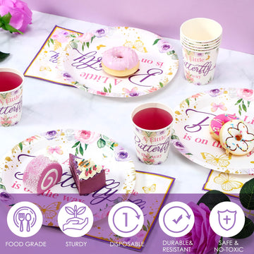 200 Pcs Butterfly Baby Shower Paper Plates Napkins Cups Girl Shower Party Supplies Tableware Set Purple Disposable Cup Napkin Fo