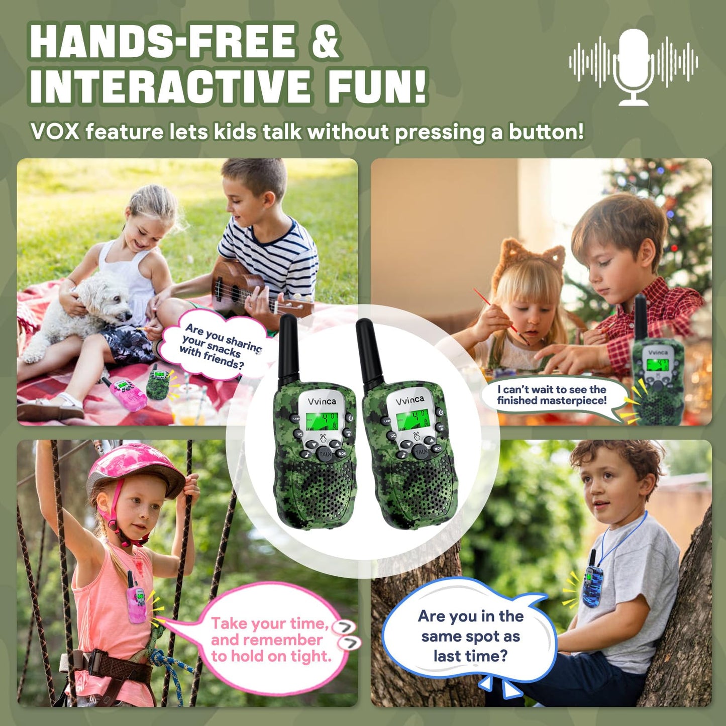 Vvinca Walkie Talkies For Kids Rechargeable 2 Pack, Army Toys For Boys Girls Ages 3-13 Outdoor Military Camping Toy, 3Km Long Ra