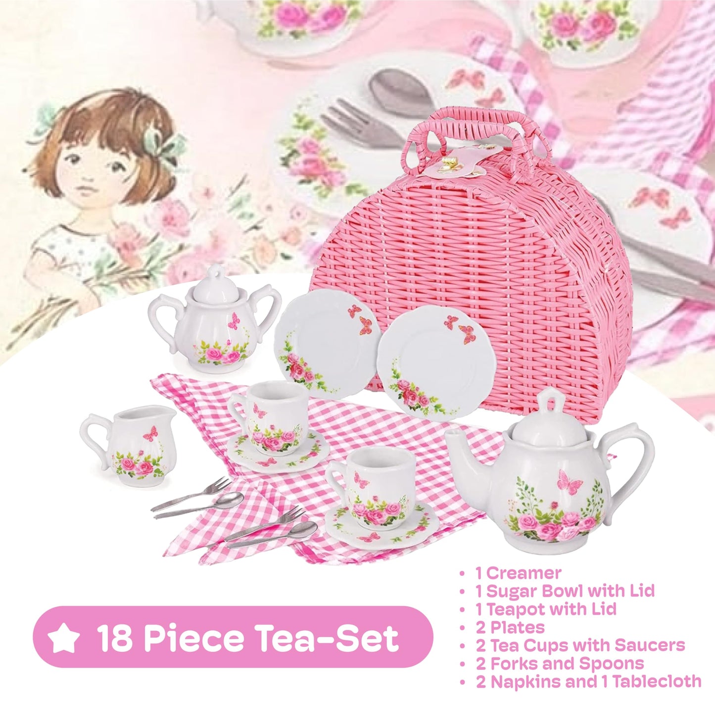 Jewelkeeper Tea Party Set for Little Girls - 18 Piece Toddler Tea Set with Floral Porcelain, Pink Wicker Basket, Utensils for Im