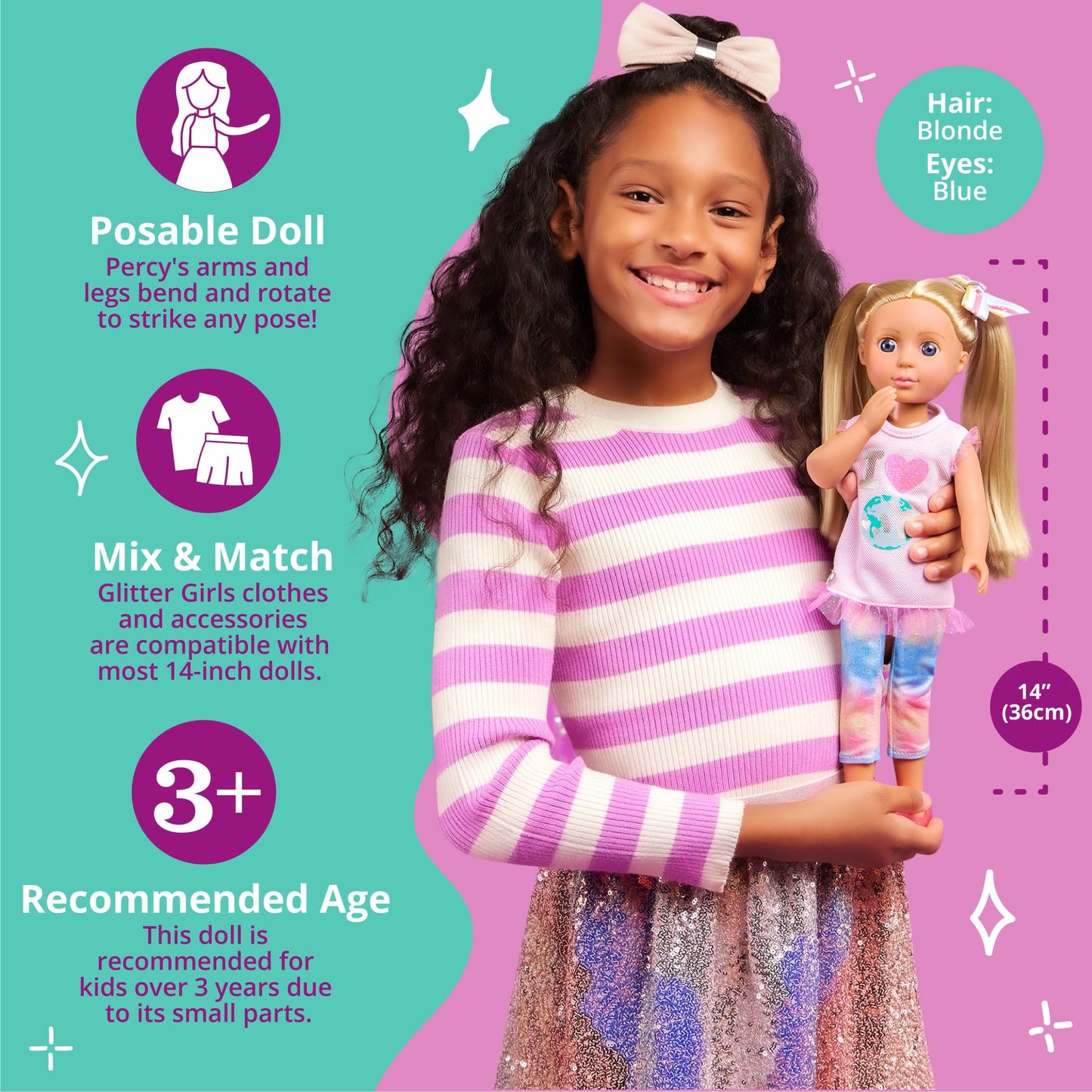 Glitter Girls - Percy14-Inch Poseable Fashion Doll With Travel Accessories & Camera - Blonde Hair & Unique Purple Eyes - Dolls F