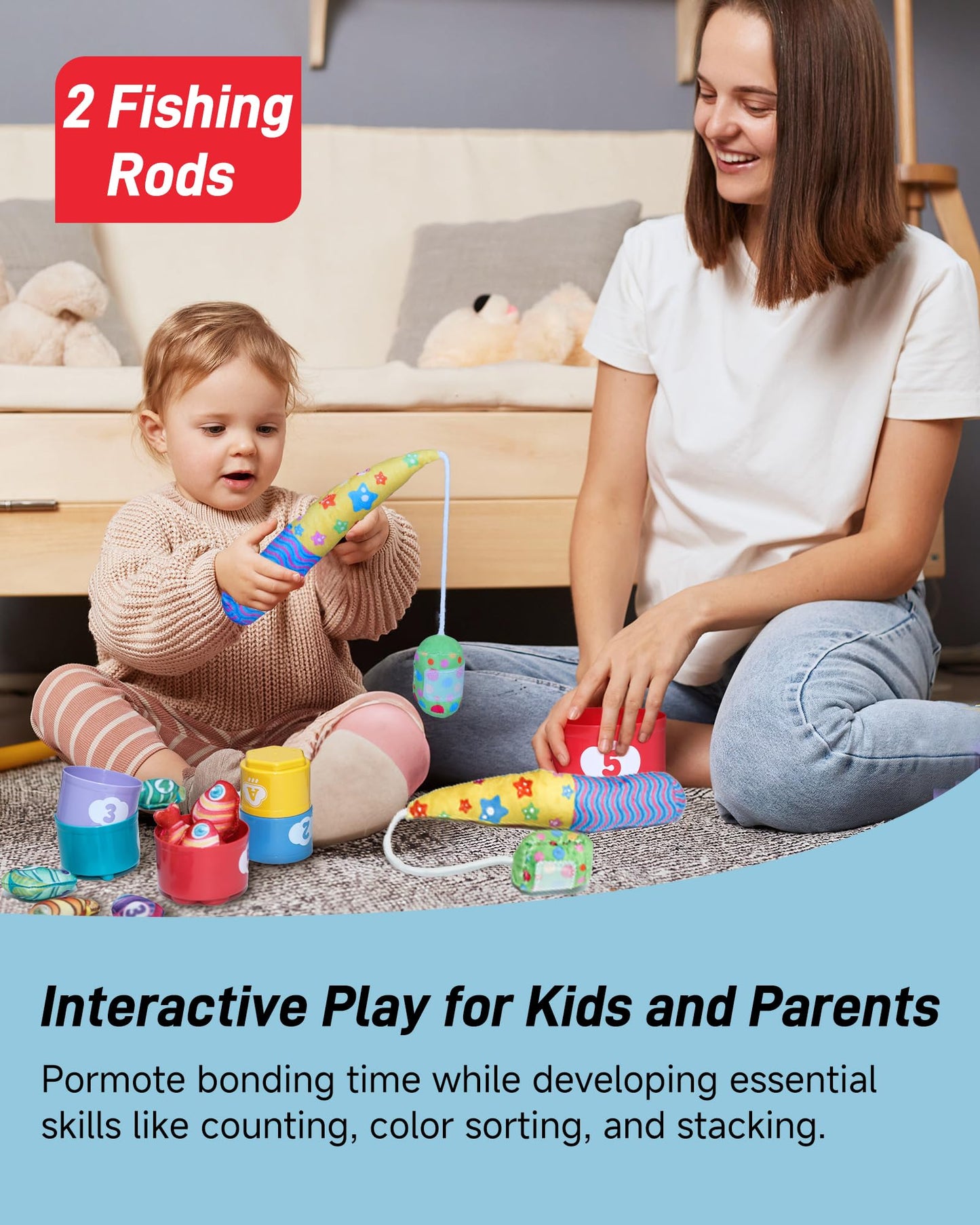 Infinno Count Learning Montessori Toys - For Babies & Toddlers 1-3 Year Old With 15 Numbered Fish & 5 Cups & 2 Fishing Rods- Sor