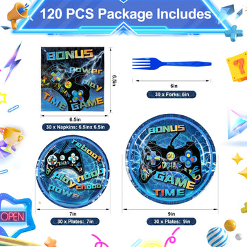 Lmjunzz Video Game Party Supplies 120 Pcs Set - Plates, Napkins, Forks, Perfect For Boys Birthday, Baby Shower, Serves 30