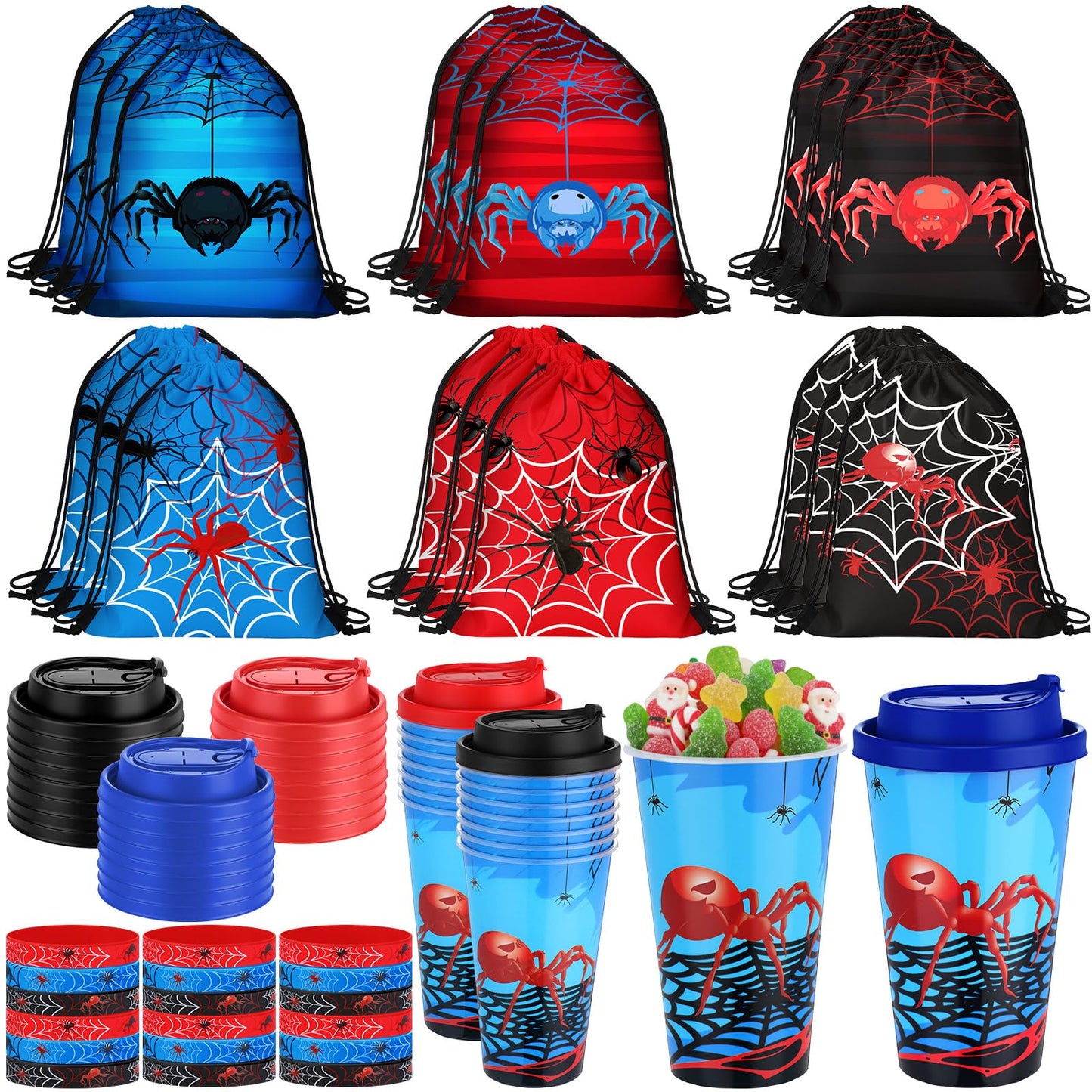 Potchen 72 Pcs Spider Party Favors Spiderweb Birthday Party Supplies Hero Decorations for Guests Including Drawstring Gift Bags