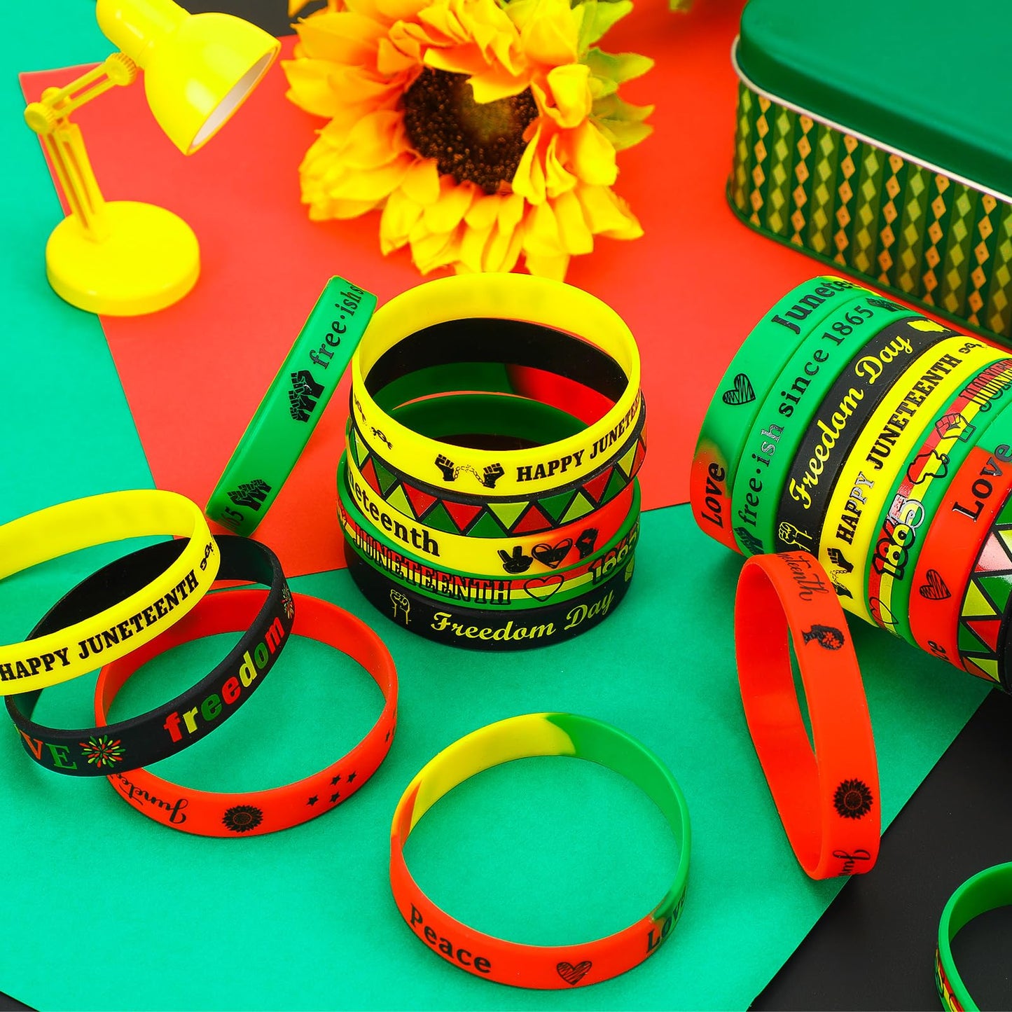 JUNEBRUSHS 64Pcs Happy Juneteenth Day Party Favors Freedom Day Silicone Rubber Wristbands Bracelets for Juneteenth Free-ish Sinc