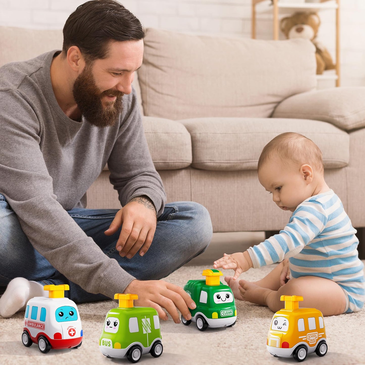 Jukudahu City Press And Go Car Toys For Toddlers 1-3 - 4 Pcs Kids Play Cars, Ambulance, Sanitation Car, Bus And School Bus, Car