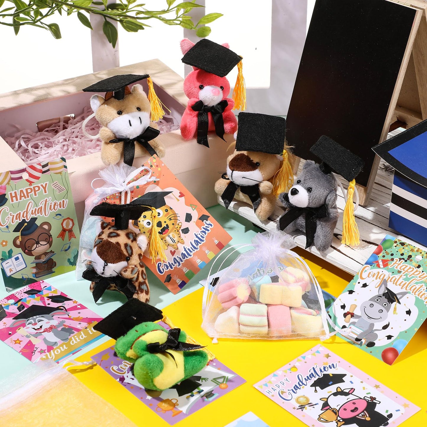 Hanaive 48 Set Graduation Mini Stuffed Animal Bulk 3 Small Plush Animal Toy With Grad Gift Card And White Organza Bag Grad Ca