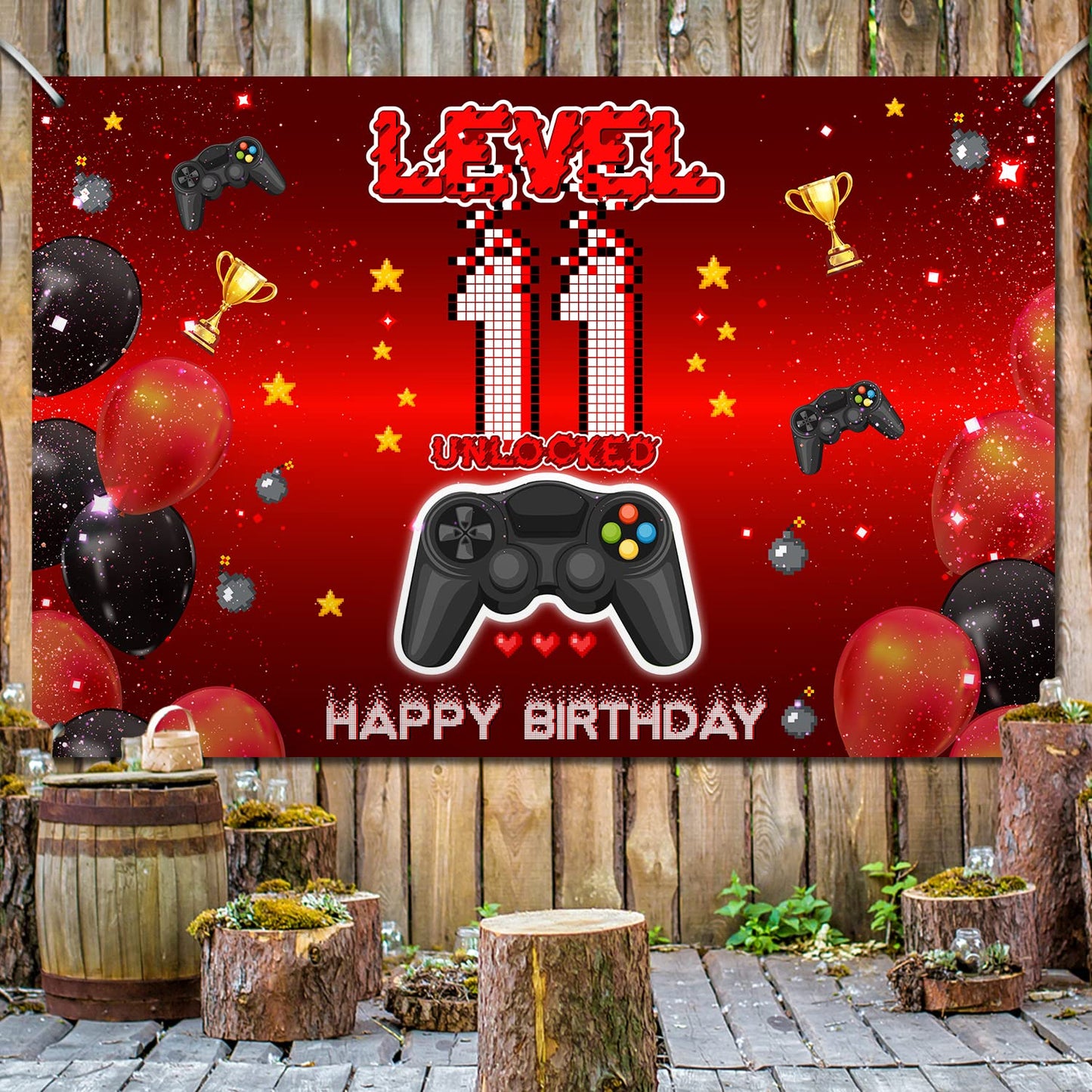 Level 11 Unlocked Backdrop Banner Decorations Video Game On Happy 11th Birthday for Boys Kids Red and Black 11 Years Old Level U