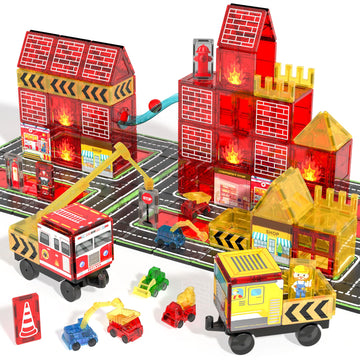 Magnetic Tiles For Kid, Construction Magnet Tiles With Fire Truck & Station, Building, Road, Crane, And Car Toys - Educational T