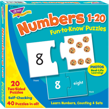 Trend Enterprises: Fun-To-Know Puzzles: Numbers 1-20, Learn Numbers, Counting & Sets, 20 Two-Sided Puzzles, Self-Checking, 40 Pu