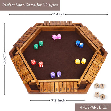 Vamslove Wooden Shut The Box Dice Game for 1-6 Players, Math Game with 16 Dice, Brown Finish, L15 x W13, Instructions Included
