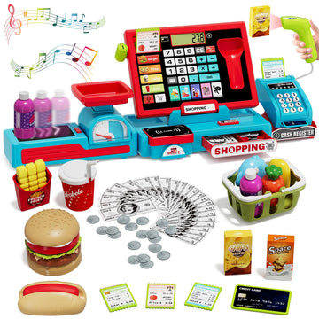 Wee Wonders 63PCS Cash Register for Kids, Kids Cash Register with Real Calculator, Pretend Play Store with Music/Motorized Conve