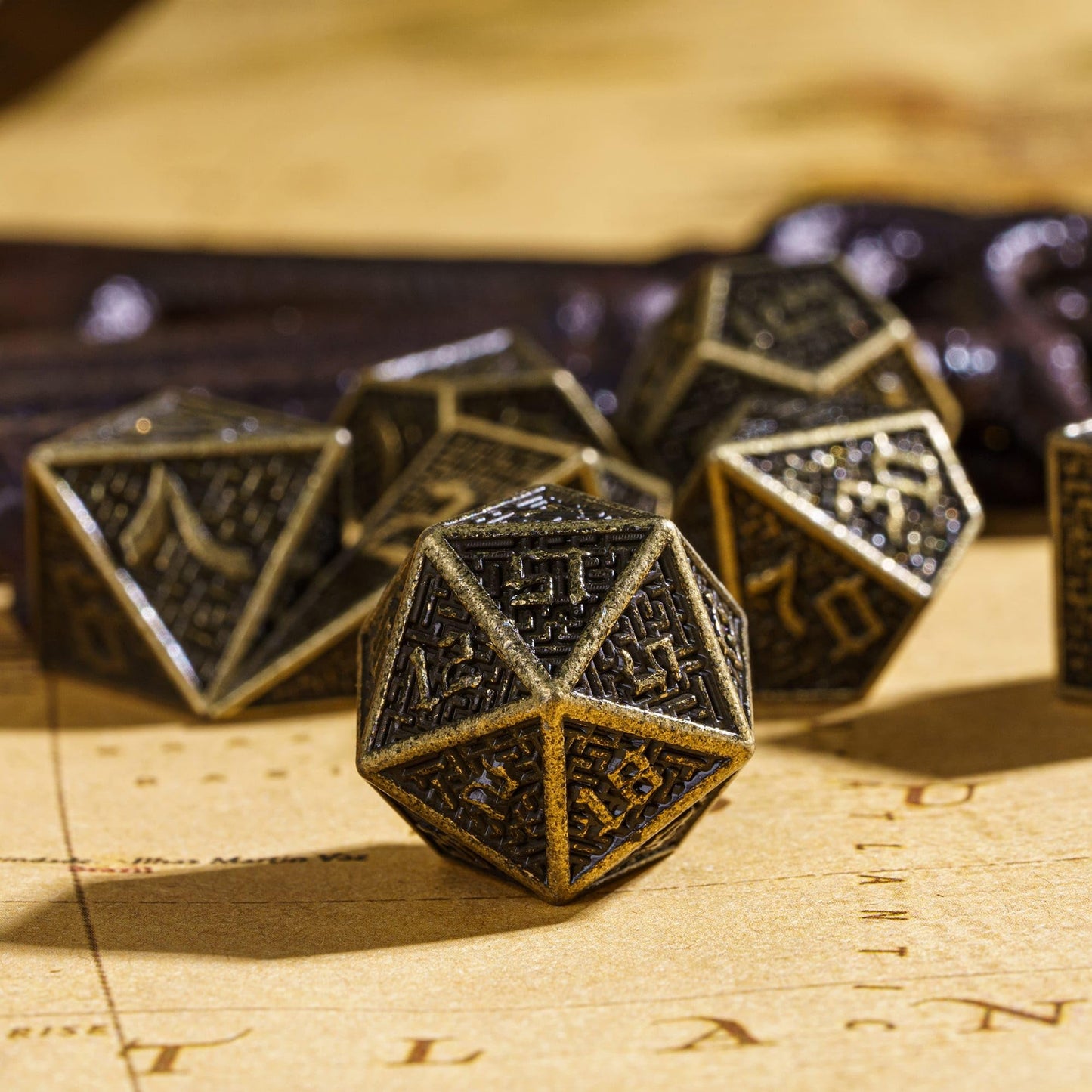 UDIXI Metal Dice Maze Carved DND Dice Set D&D 7PCS Bronze Role Playing Dice with Leather Pouch for Dungeons and Dragons Tabletop
