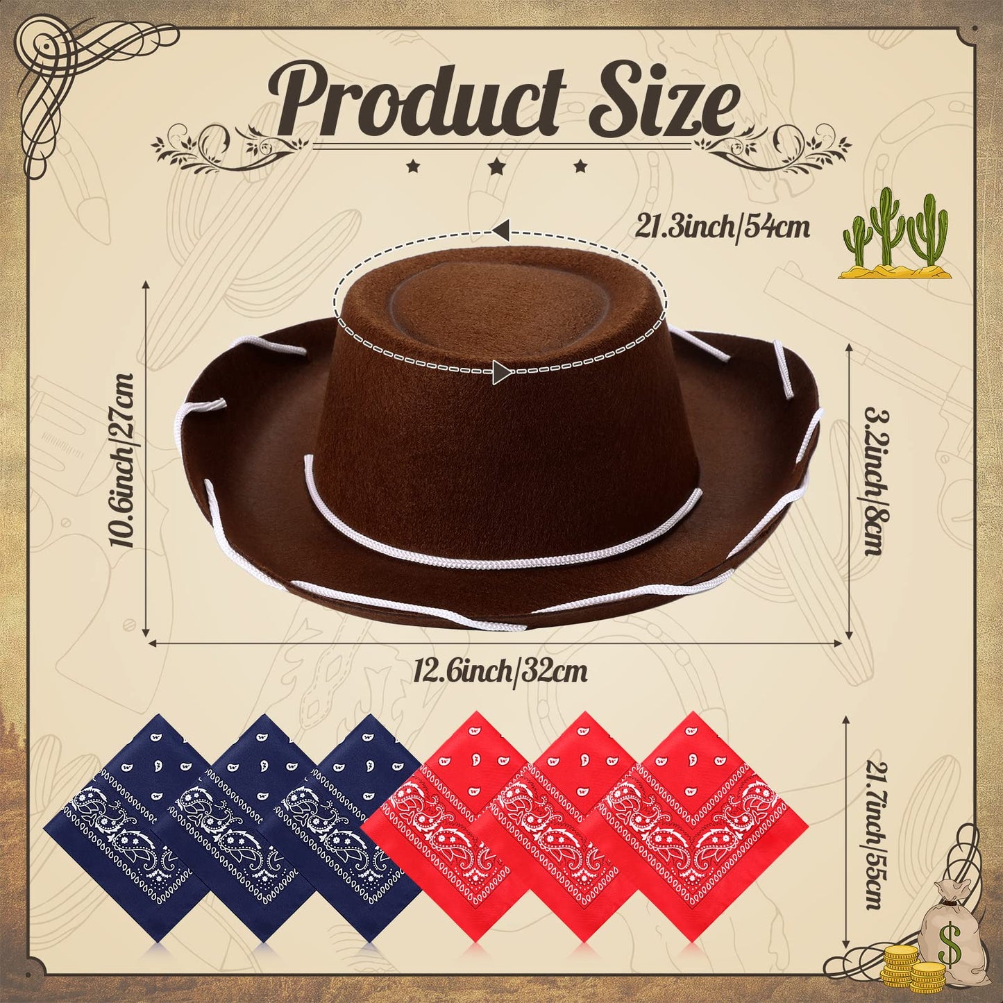 24 Pieces Cowboy Hats and Bandanas for Kids Western Cowboy Costume Hat Accessories for Toddler Child Western Theme Birthday Part