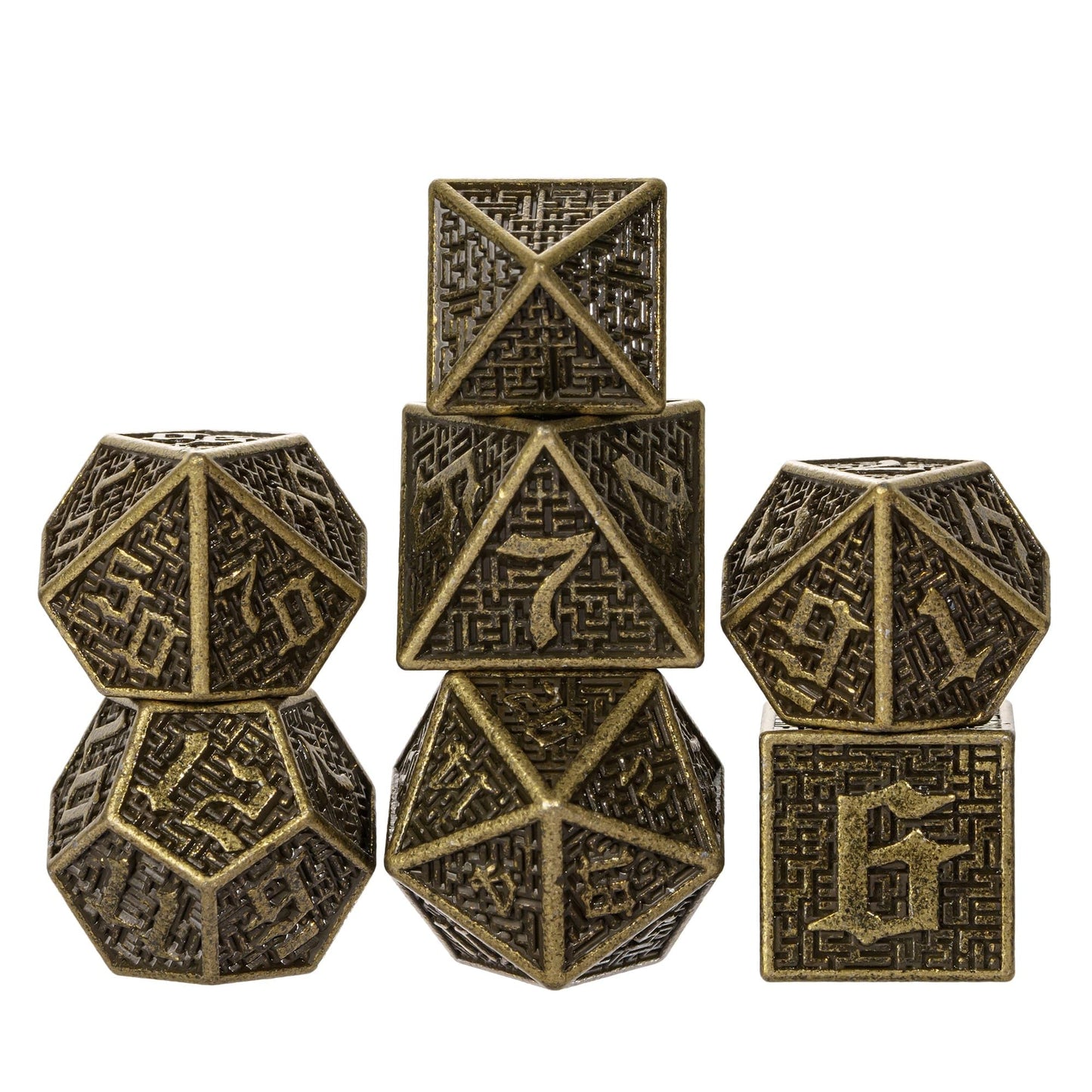 UDIXI Metal Dice Maze Carved DND Dice Set D&D 7PCS Bronze Role Playing Dice with Leather Pouch for Dungeons and Dragons Tabletop
