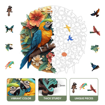 Colorful Parrots 200 Pieces Wooden Jigsaw Puzzles for Adults Unique Irregular Shapes Fun Challenging Birds Puzzles for Kids and