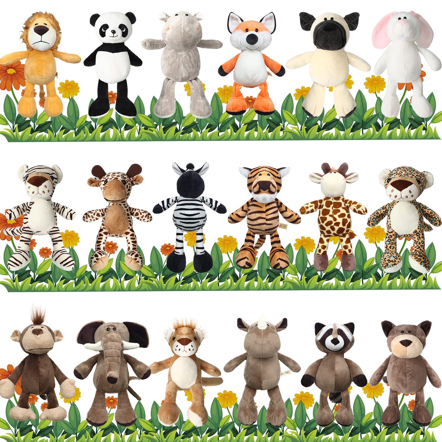 Zhanmai 18 Pieces Safari Stuffed Animals 9.9 Inch Cute Plush Jungle Toy Set Includes Tiger Lion Elephant Monkey Zebra Raccoon Rhino Giraffe Bulk For Zoo Theme Party