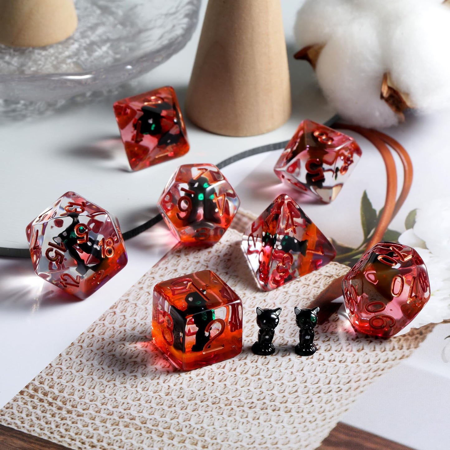 Black Cat Gaming Dice Set D&D, DNDND 7PCS Resin DND Dice with Velvet Bag for Dungeons and Dragons Role Playing Games and Tableto
