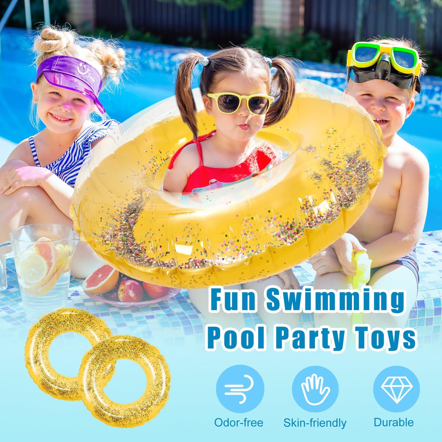 Whaline 4Pcs Inflatable Pool Floats Toys Swim Tubes Rings Glitter Yellow Pool Tube For Teen Boys Girls Outdoor Summer Swimming Pool Beach Party Favors Supplies