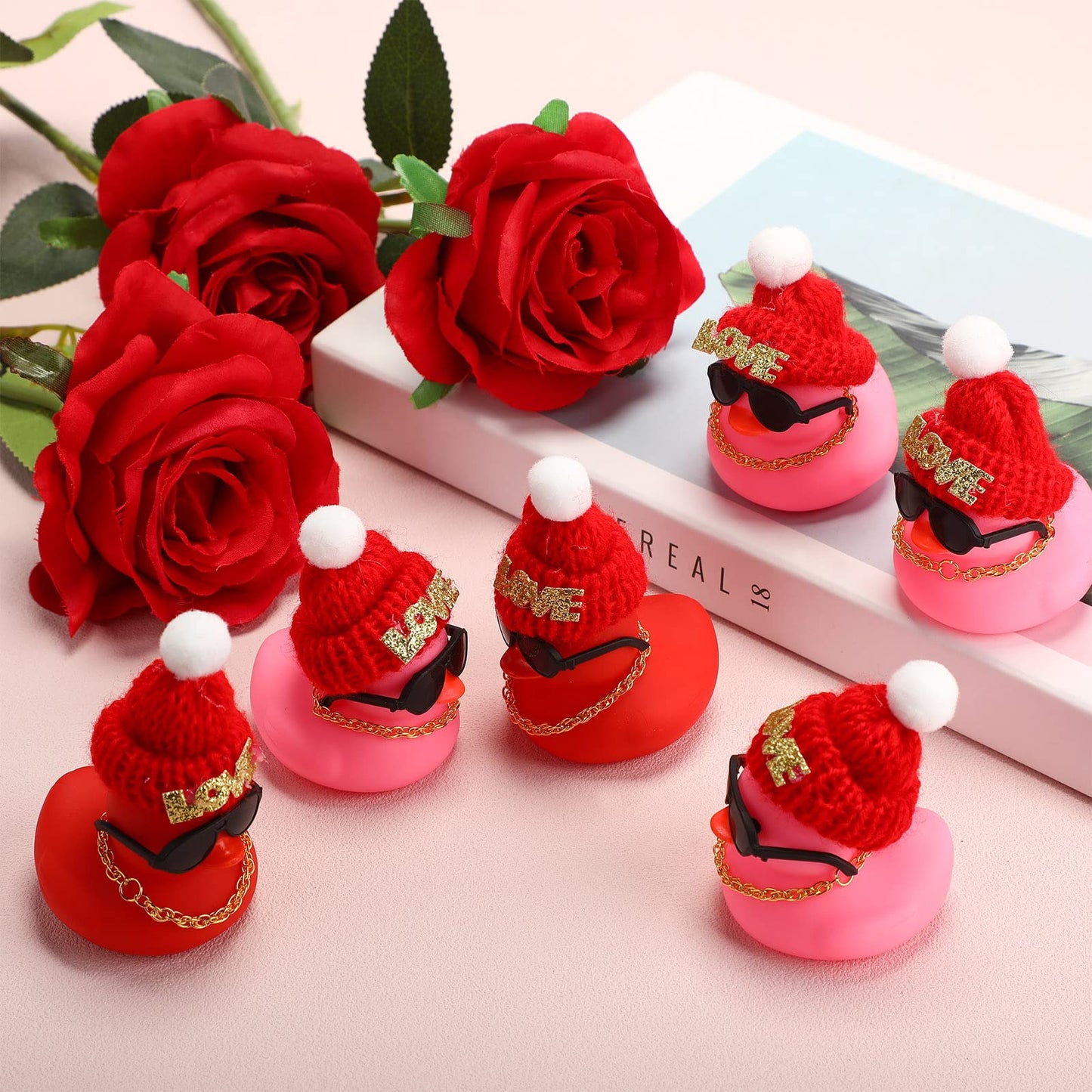 24 Pcs Valentine'S Day Mini Rubber Duck With 24 Sunglasses 24 Hat 24 Necklace, Yellow Valentine Rubber Duck In Bulk Bath Toys Fo