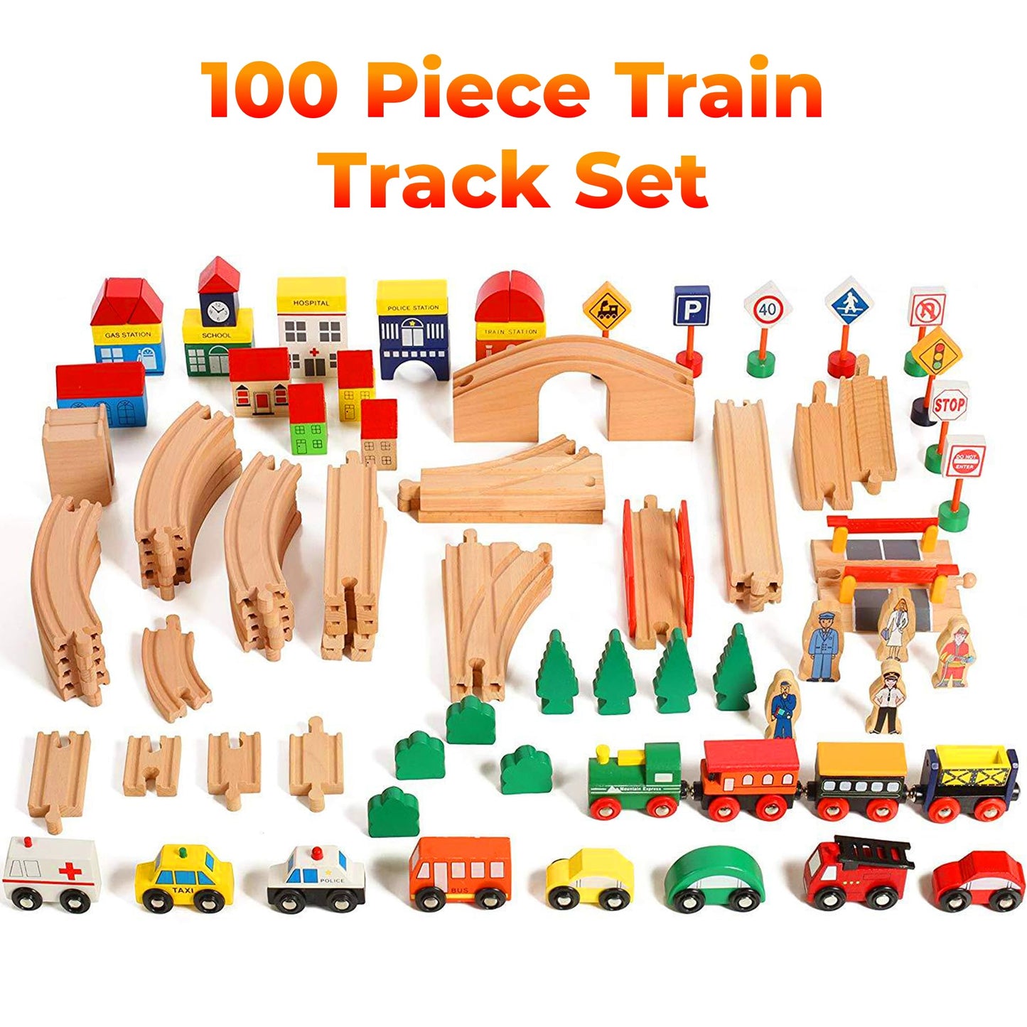 On Track Usa Wooden Train Set 100 Piece All In One Wooden Toy Train Tracks Set With Magnetic Trains And Railway Accessories, Com