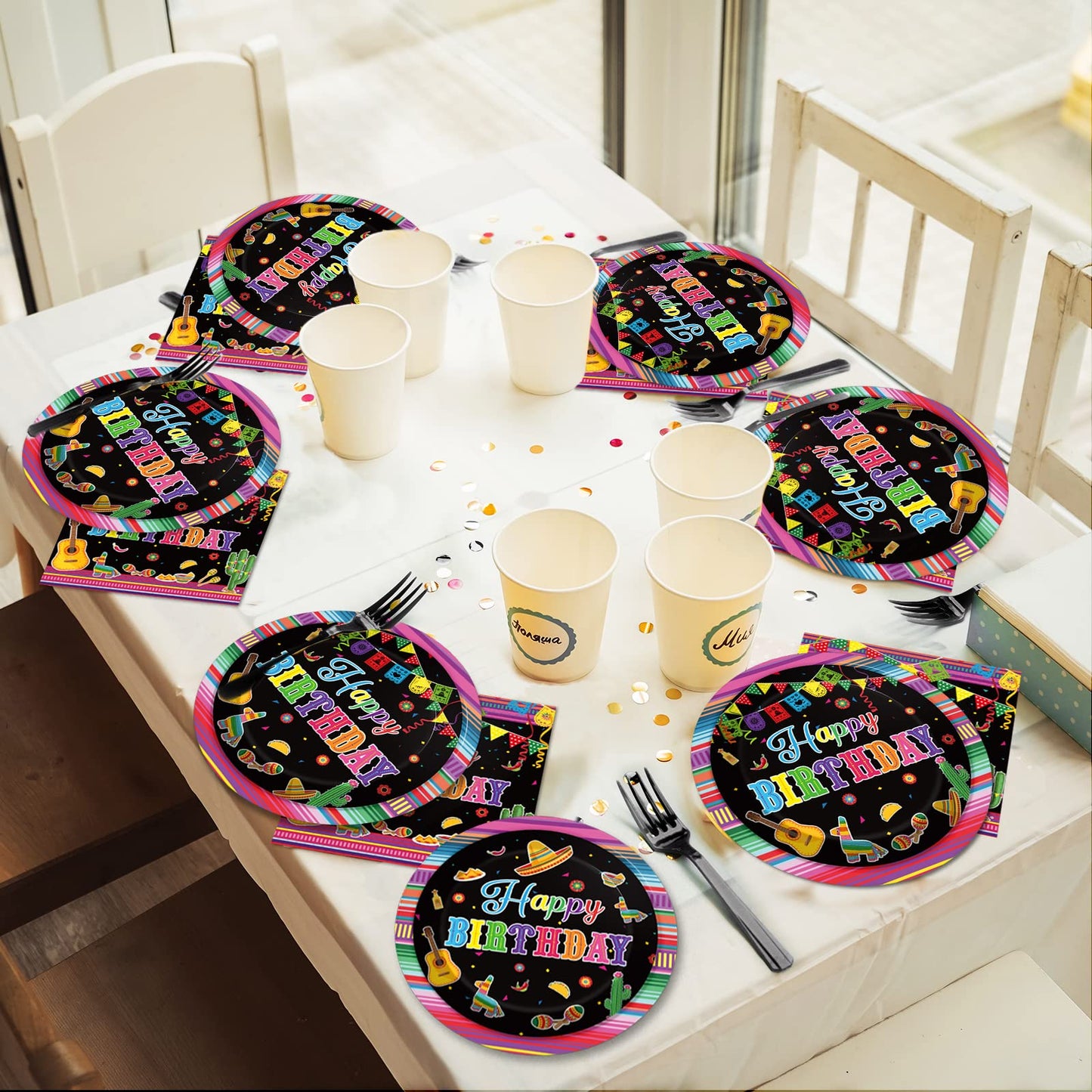 Tevxj 96Pcs Mexican Fiesta Happy Birthday Tableware Set Mexico Dinnerware Disposable Dessert Plates Fiesta Party Plates Napkins Forks For Happy Birthday Party Decorations Supplies 24 Guests