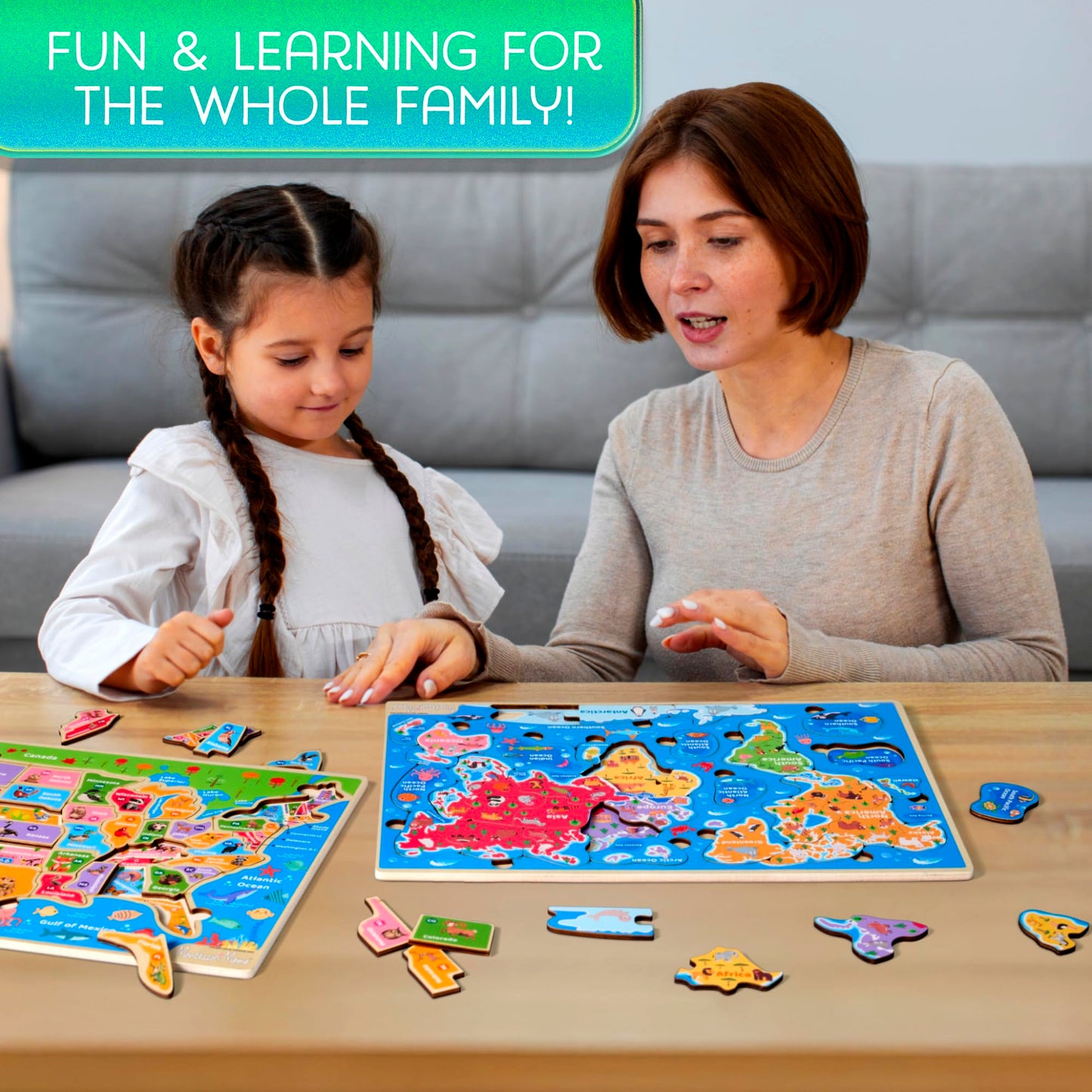 Montessori Mama Wooden Puzzles For Kids Ages 4-6, Usa States And Capitols, World Continents And Oceans Kids Puzzles, Combo Set 2 Toddler Puzzles