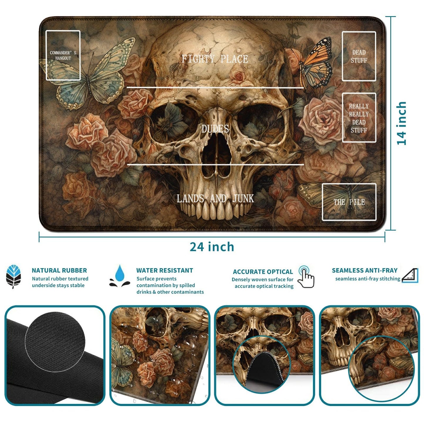 Rwutytiul Butterfly Skull Card Playmat 24 X 14 Inch With Tube Bag, Card Gameplay Mat With Zones Commander Deck Board Mtg Rpg Ccg
