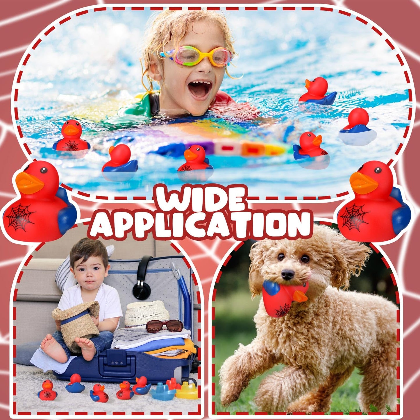 Leyndo 24 Pcs Christmas Spiderweb Rubber Duck Bulk Spiderweb Birthday Party Decoration Favors Squeaky Red Blue Duck for Bathtub Floating Pool Gifts Party Supplies