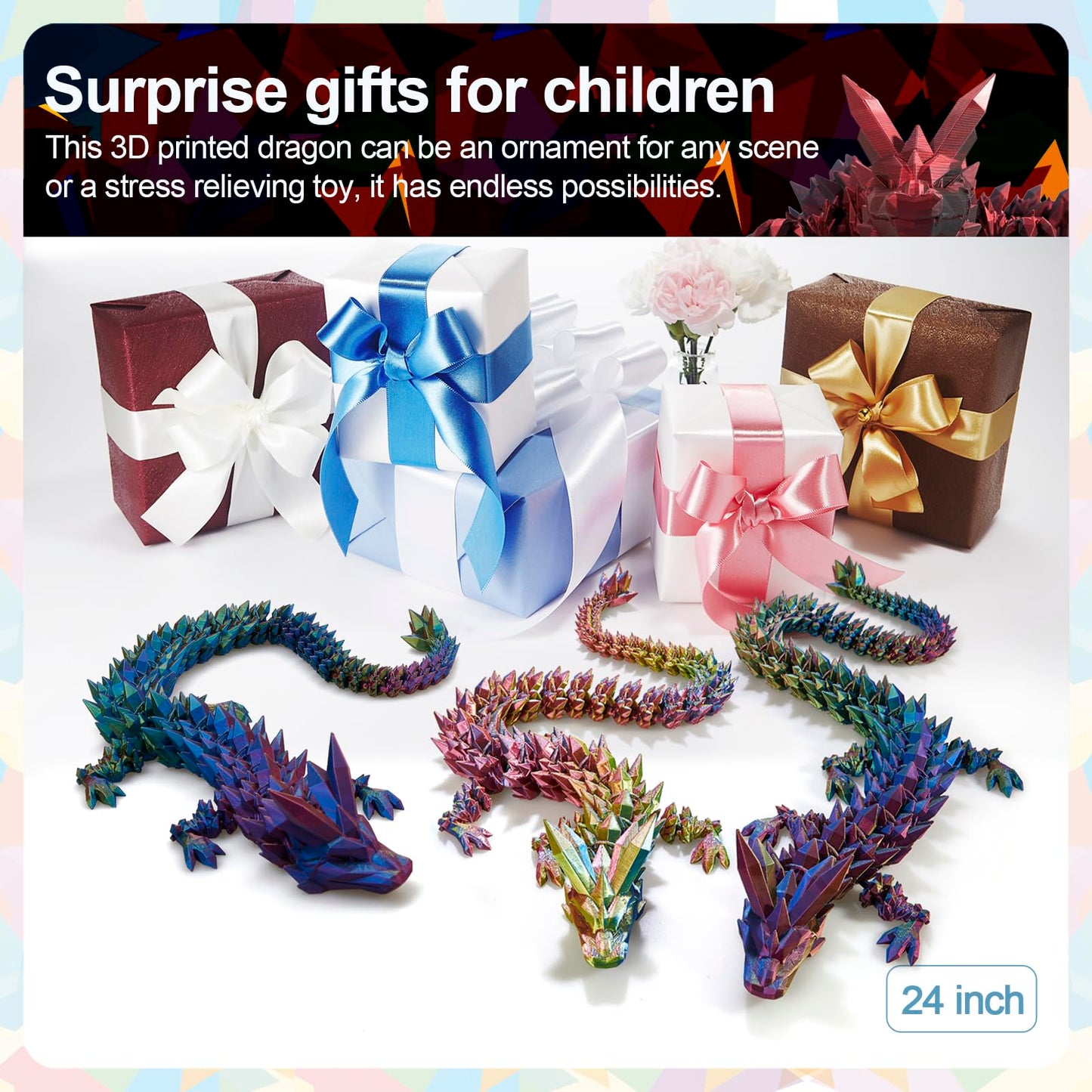 Rwsefk 24 In 3D Printed Dragon, 24Inch Dragon,3D Dragon Toy,Large Dragon Present,Ariculated Crystal Dragon(Blue Green Purple)