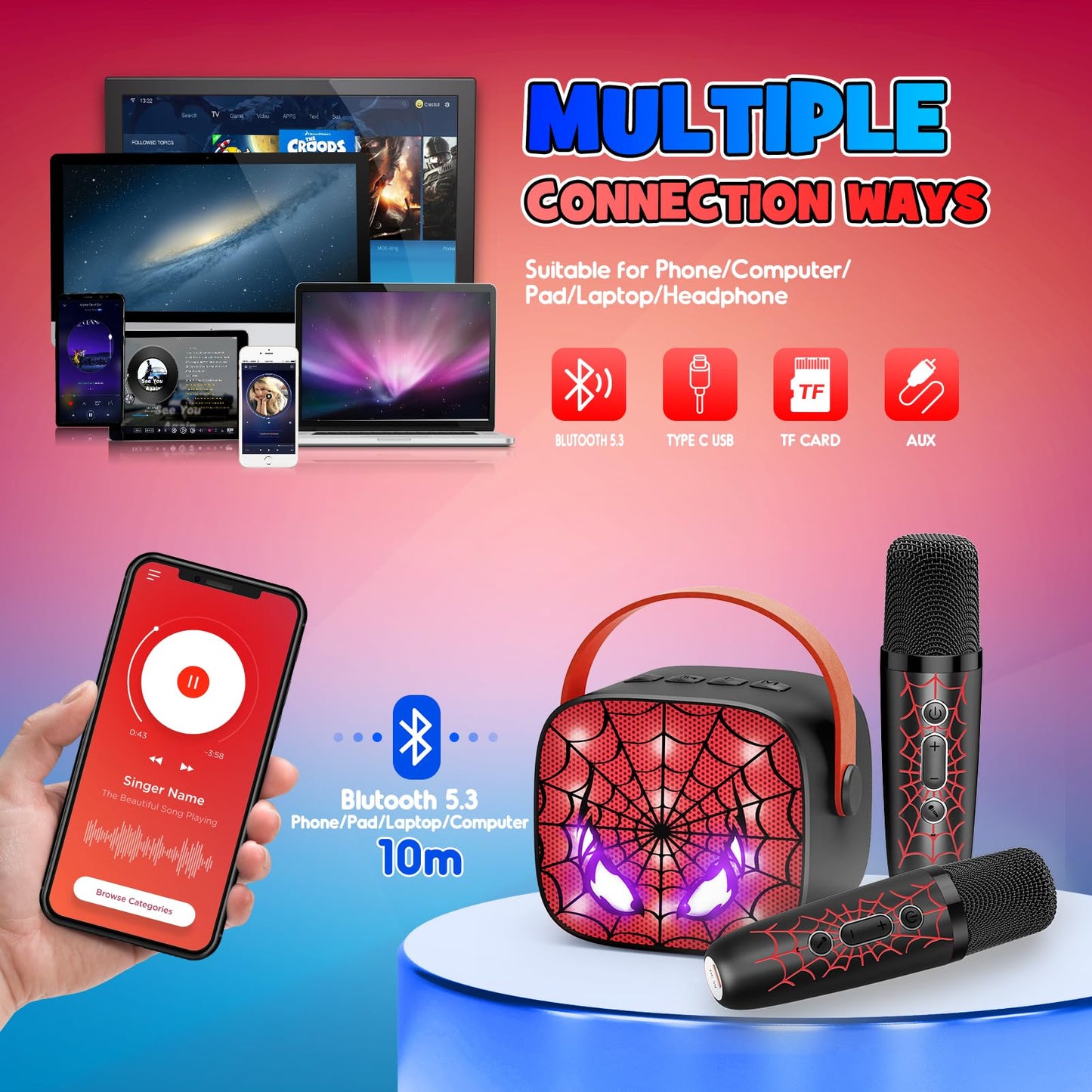 Cool Mini Karaoke Machine Toys: Kids Toys Birthday Gifts Age 3-12+ LED Portable Bluetooth Speaker with 2 Wireless Microphone Gif
