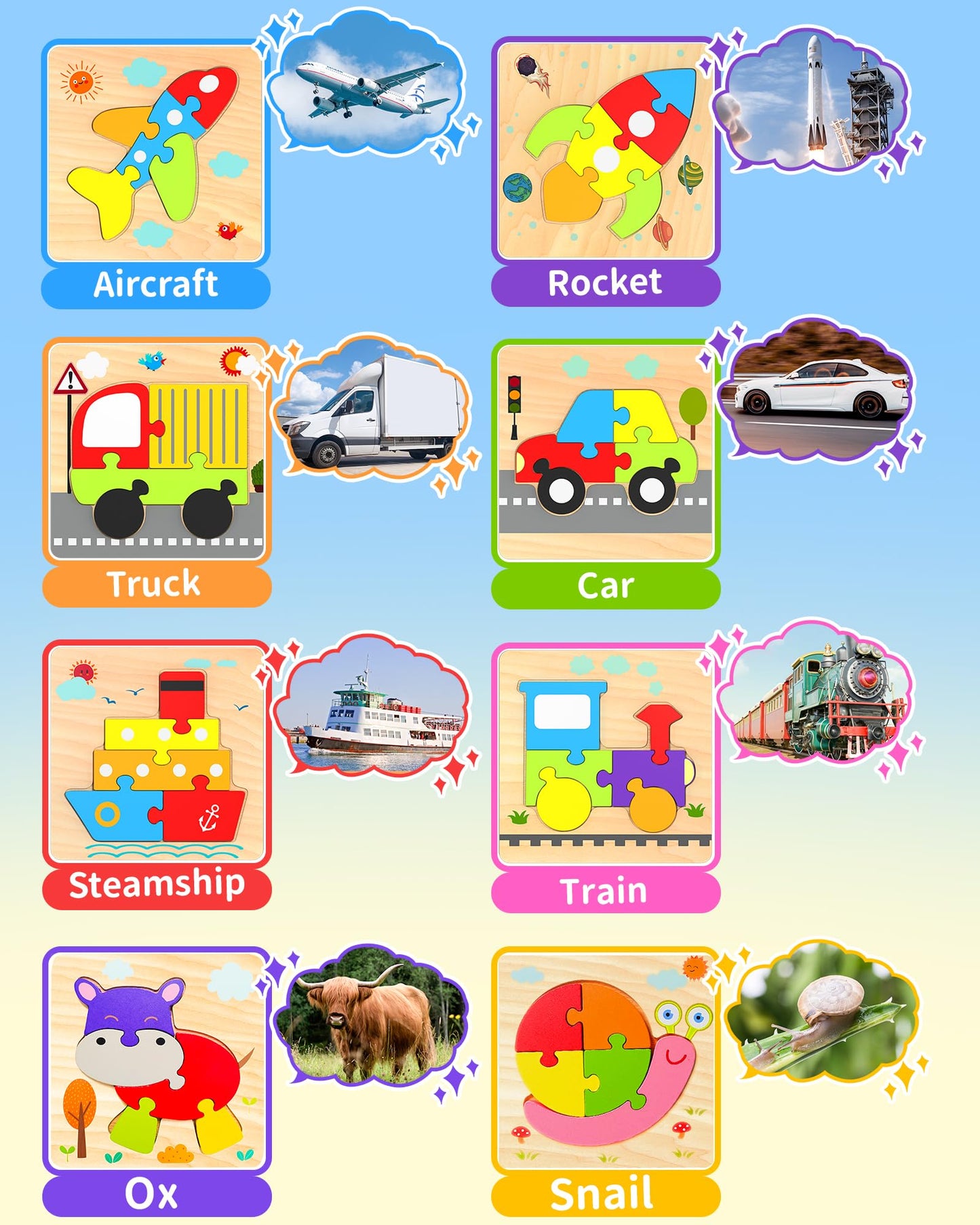 Wooden Puzzles Toddler Toys For 1 2 3 Years Old Boys Girls, 8 Vehicle Shape Learning Educational Blocks Birthday Gifts Sensory T