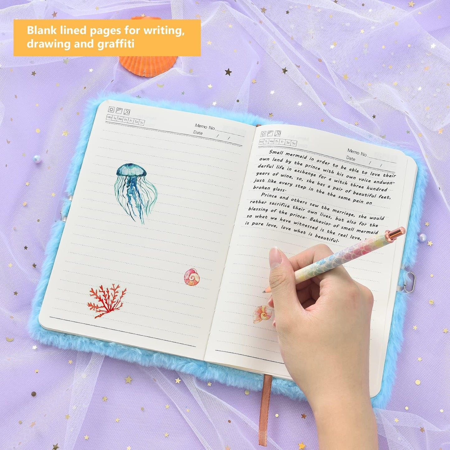 WERNNSAI Plush Mermaid Kids Notebook - Sparkly Embroidery Girls Diary with Lock Journal for Kids Girls Birthday Christmas Valentine Gift Travel School A5 Secret Diary Writing Drawing Notepad