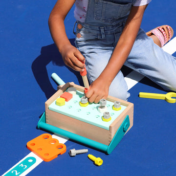 B. toys- Fix n Play Kit- Pretend Play Tool Box - Wooden Toolbox & Accessories (25 Pcs) - Carpenter Set for Kids - Play Set with