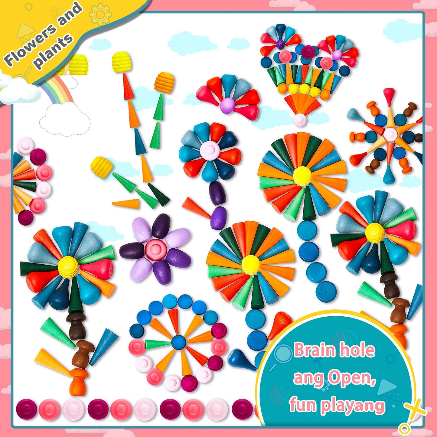 Loose Parts Play Materials Set Wooden Mandala Toys Kit Wood Sensory Play Toys 27 Rainbow Color 7 Shapes Loose Parts For Teens Students Early Learning Materials (81)