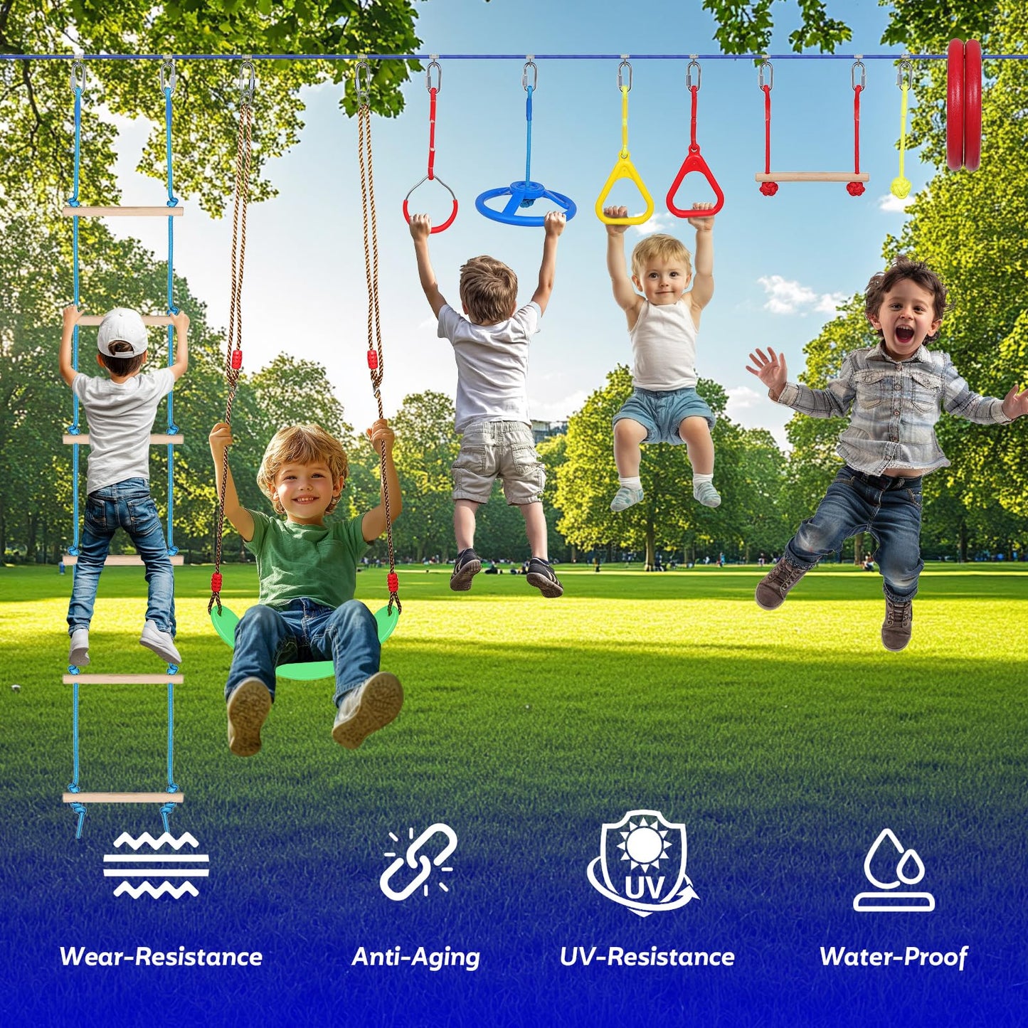 Dollate Ninja Warrior Obstacle Course For Kids - 55Ft, Outdoor Obstacle Course 13 Accessories, Swings, Monkey Bars, Arm Trainers