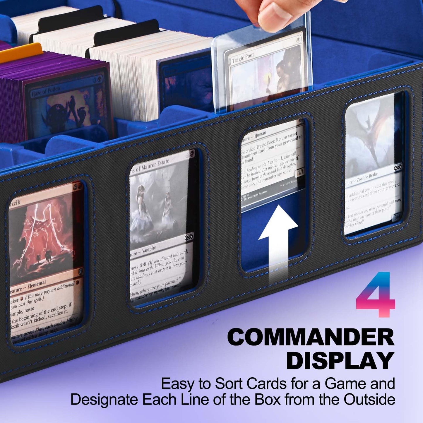 Uaono Trading Card Storage Box With Commander Display; 2400+ Deck Box For Mtg With Removable Cover; Toploader Card Case Fits Magic Tcg Ptcg Sports Cards; 24 Dividers, 4 Stoppers (Black, Blue)